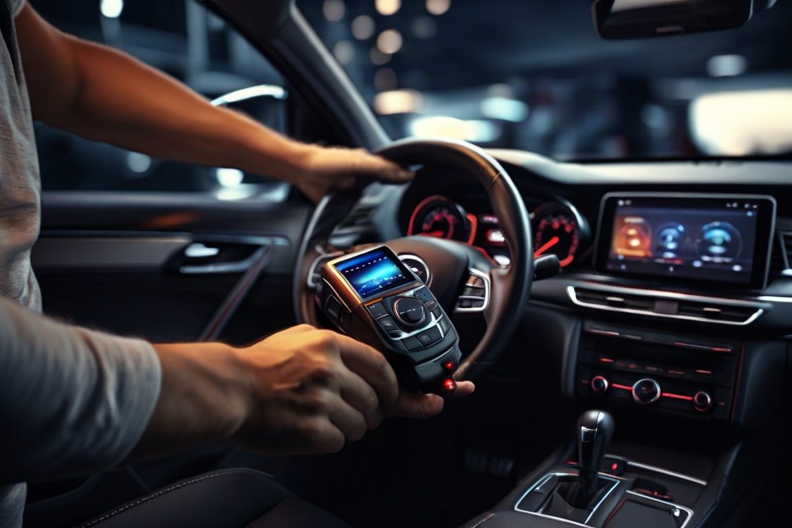 Automotive locksmith using a key fob programmer device inside a car in Sacramento
