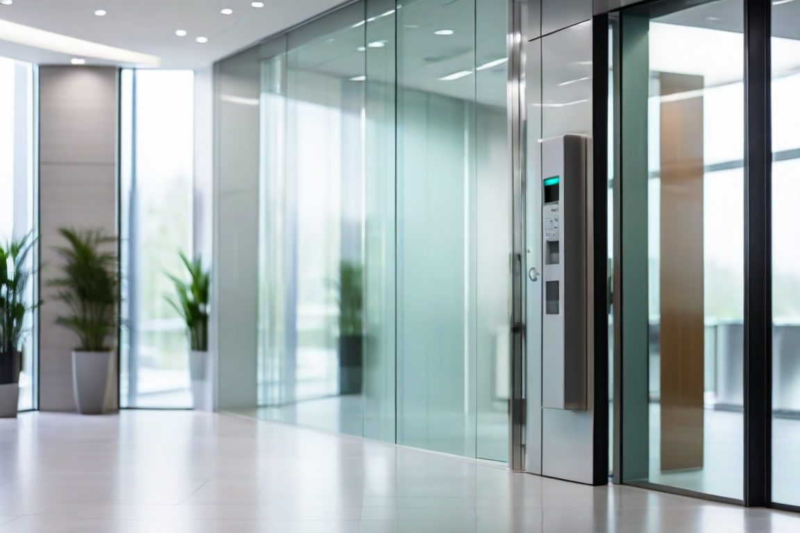 Glass office entrance with electronic access control reader panel in Sacramento commercial building