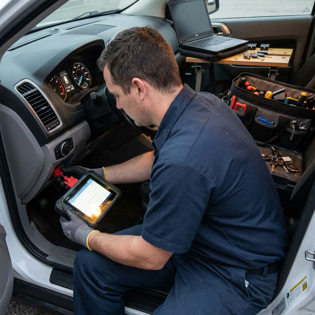 Auto locksmith connecting OBD-II key programmer device inside a car in Sacramento