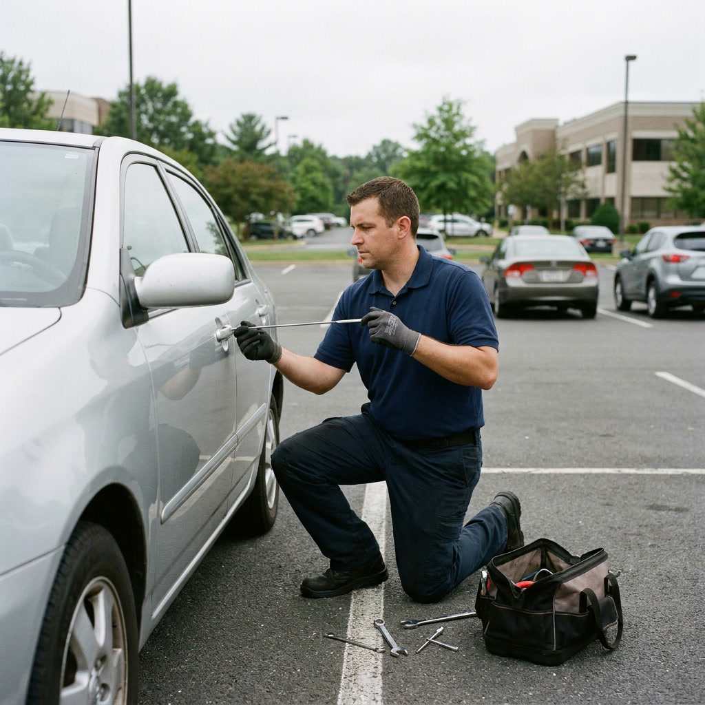 Auto locksmith using slim-jim tool to open a car door in a Sacramento parking lot