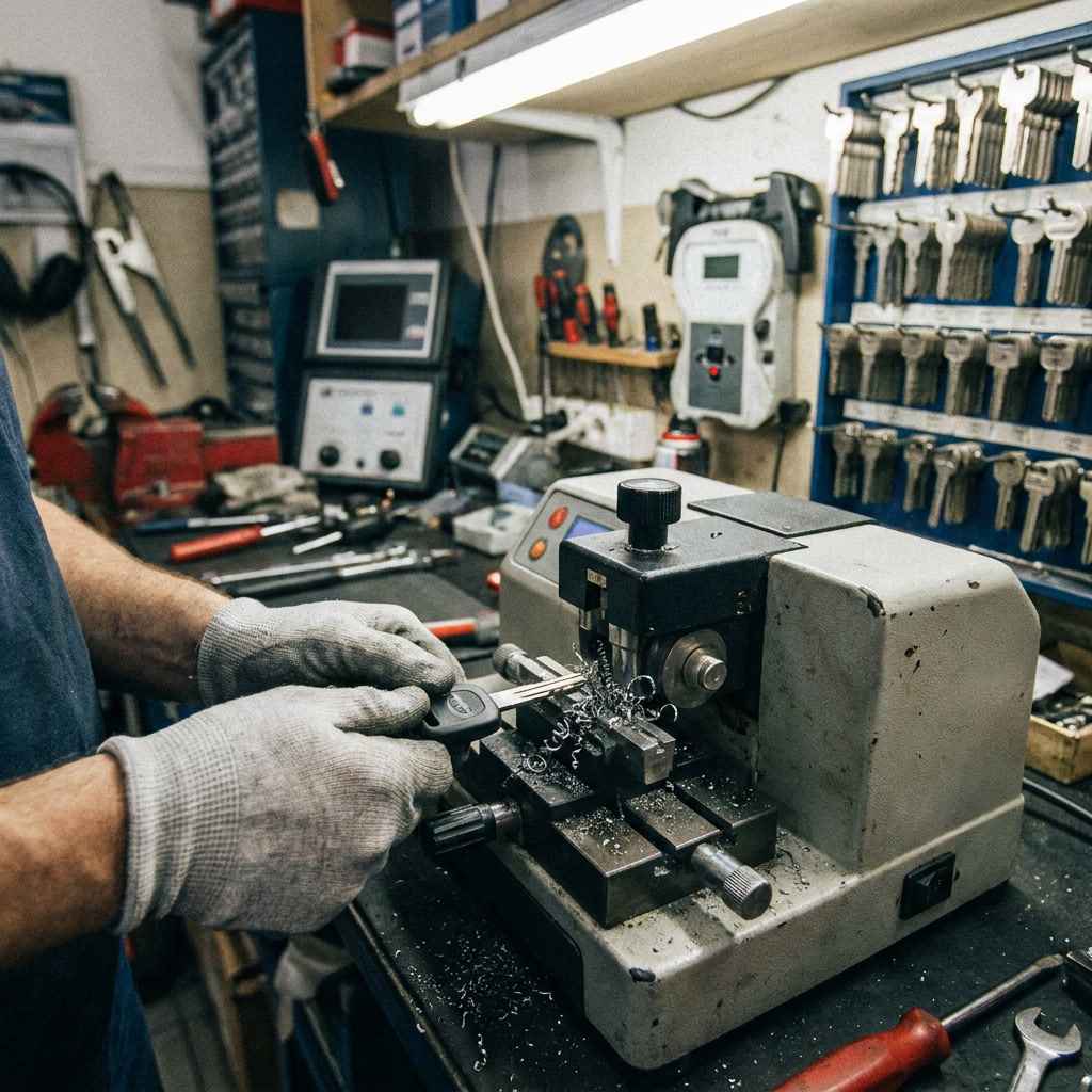 Locksmith cutting a transponder car key on a key cutting machine in Sacramento