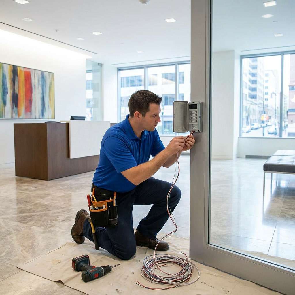 Technician installing an electronic access control reader on a corporate glass office door