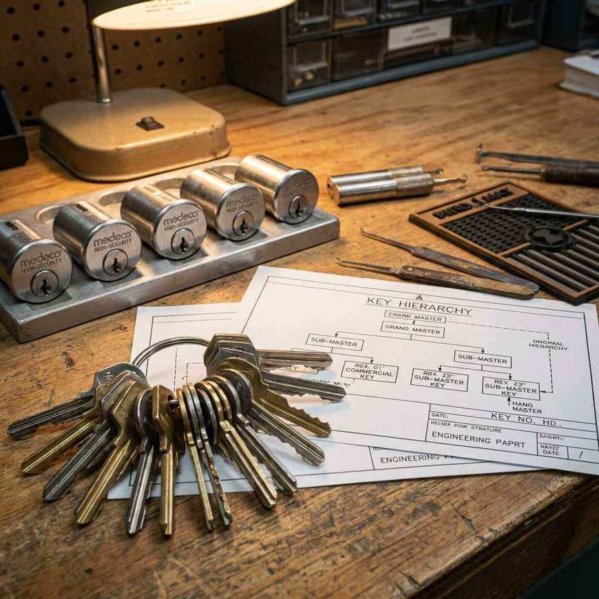 Commercial master key set with Medeco cylinders on a locksmith workbench