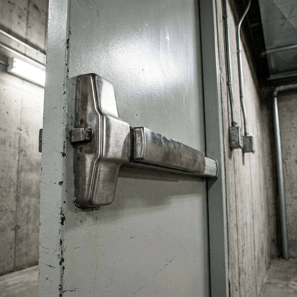 Commercial panic bar crash bar exit device on a commercial fire exit door