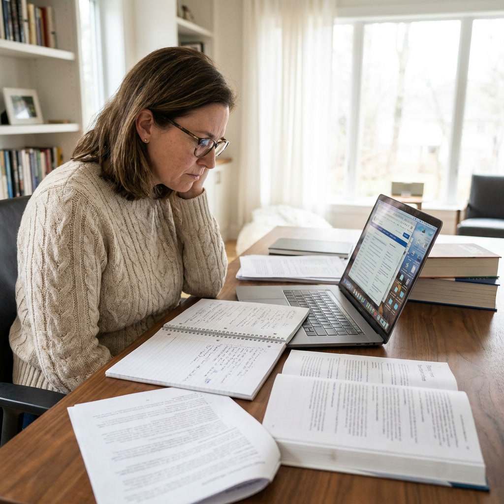 Editorial researcher reviewing locksmith licensing information on a computer