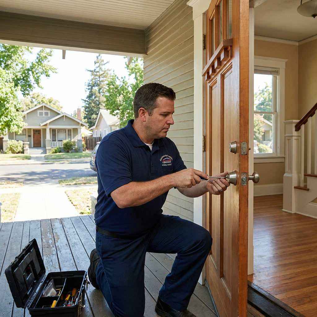 Locksmith installing a new deadbolt on a Sacramento residential front door