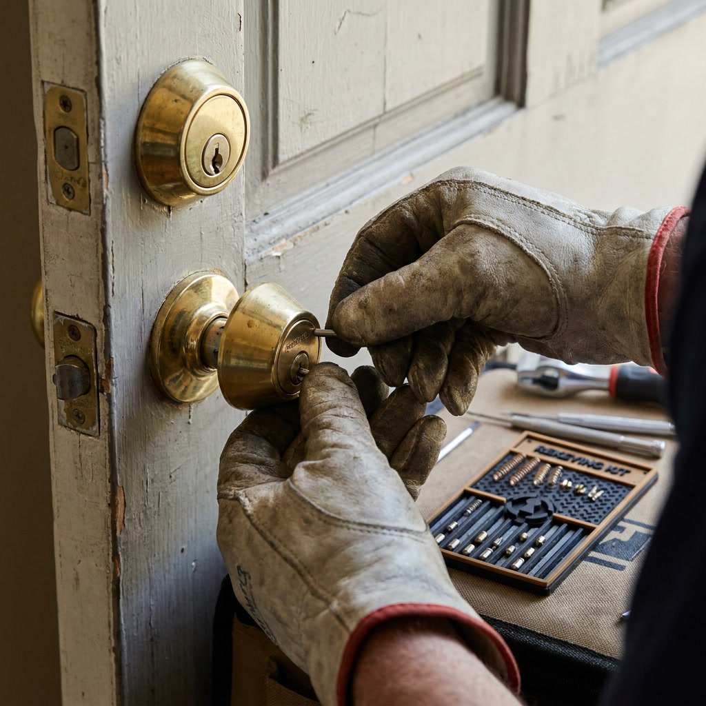 Close-up of a locksmith rekeying a brass residential deadbolt cylinder