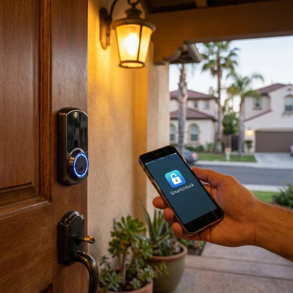 Modern smart deadbolt with smartphone app control on a Sacramento home door