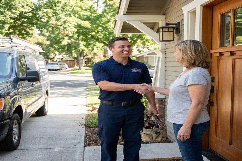 Locksmith technician with tool bag greeting a homeowner at a Sacramento craftsman front door