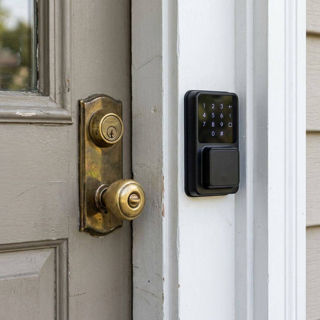 Side by side view of traditional brass deadbolt and modern smart lock keypad on a residential door