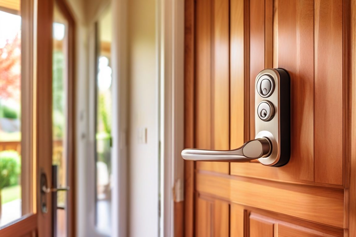 Modern smart deadbolt lock installed on a residential wooden front door in Sacramento