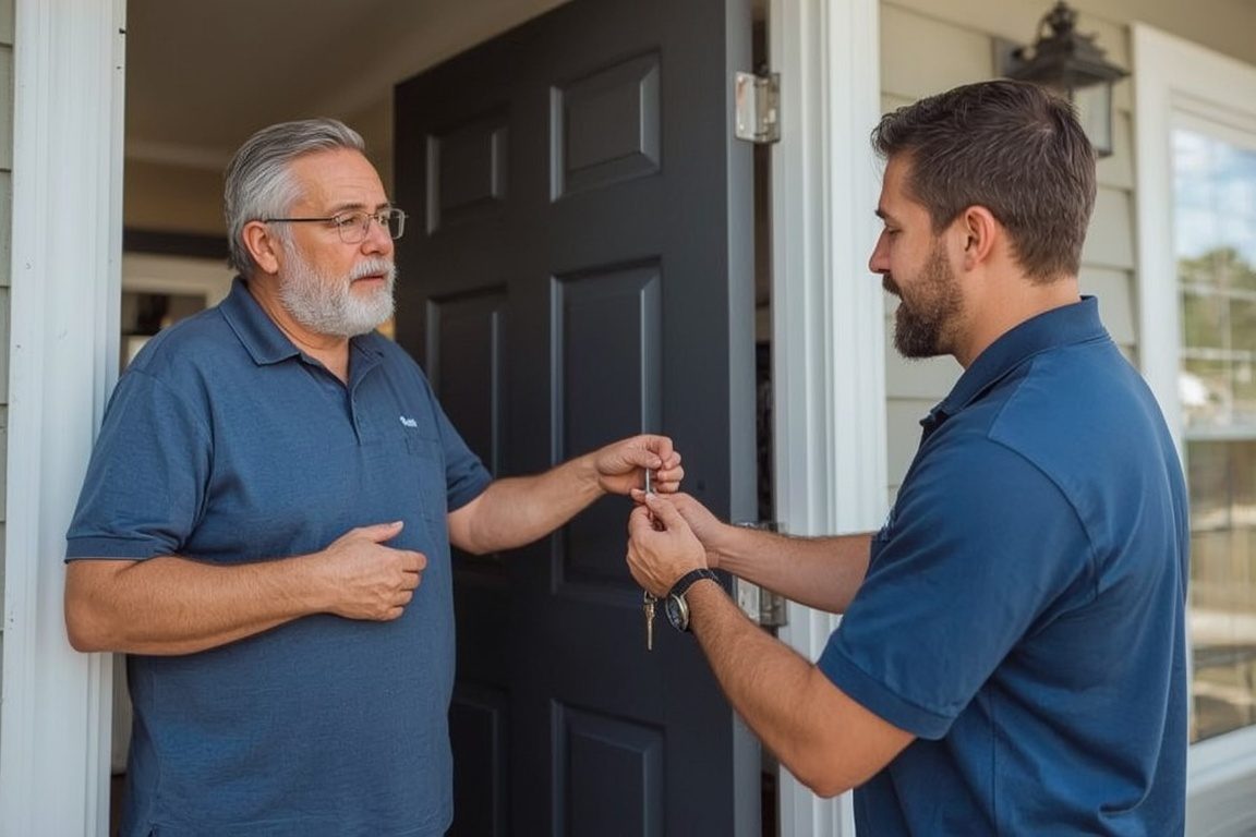 Locksmith handing keys to homeowner after emergency lockout resolution in Sacramento